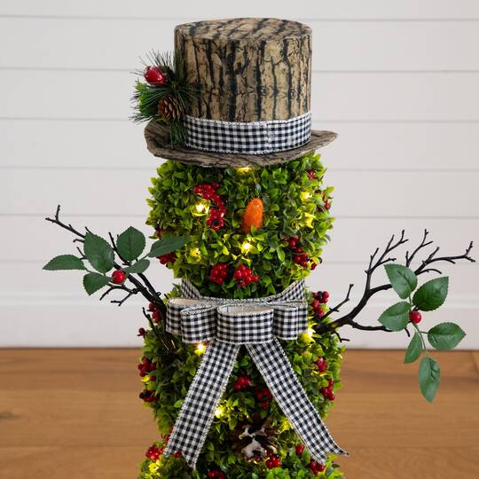 Nearly Natural 3.5ft. Pre-Lit Artificial Christmas Boxwood Snowman Topiary Tree in Decorative Planter